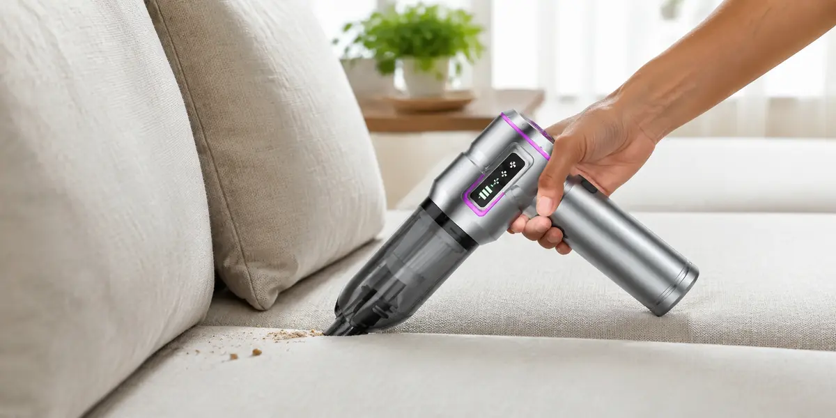 SHINETECH handheld vacuum cleaning a fabric sofa